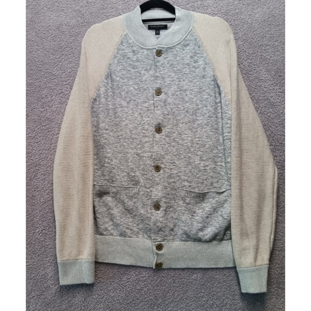 Banana Republic Men's XL Bomber Cardigan Sweater Jacket Gray Beige Cotton Button